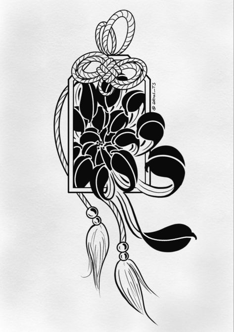 Japanese Flowers Design, Japanese Inspired Drawings, Omamori Tattoo Design Black, Omamori Drawing, Japanese Omamori Tattoo, Omamori Illustration, Omamori Design, Japanese Tattoo Simple, Japanese Blackwork Tattoo