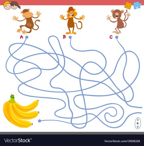 Monkey Animal, Puzzle Activity, Maze Puzzles, Maze Game, Pet Monkey, Activity Games, Cartoon Illustration, Puzzle Game, Bananas