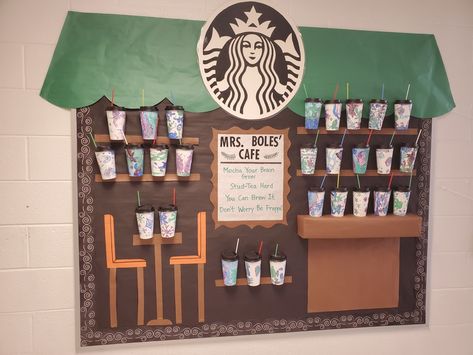 Grocery Store Bulletin Board, Star Books Cafe Classroom, Starbucks Bulletin Board, Starbooks Library, Informational Bulletin Board, Starbooks Cafe Classroom, Teaching Necessities, Coffee Classroom, Classroom Color Scheme