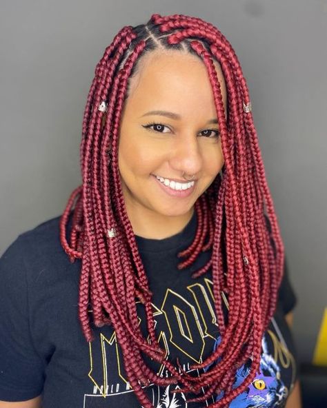 Stunning Red Box Braids with Hair Jewelry Box Braids With Hair Jewelry, Medium Box Braids With Curls, Braids With Hair Jewelry, Box Braids With Curls, Box Braids Ideas, Jewelry For Braids, Box Braids Pictures, Red Box Braids, Triangle Box Braids