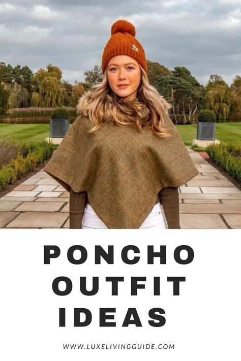 Looking for chic and cozy poncho outfit ideas this winter? Explore our curated looks that blend style and warmth, featuring trendy patterns, elegant neutrals, and luxurious details like fur trims. Perfect for layering up in style, these poncho outfits are your go-to inspiration for versatile winter fashion. Get ready to turn heads and stay comfortable all season long. Quilted poncho, poncho with jeans, festival outfit, summer poncho,knit wear, sweater, kimono, sweater, winter wear. Winter Poncho Outfits Classy, Winter Kaftan Outfit, Poncho Office Outfit, Poncho And Skirt Outfit, How To Style Poncho, Brown Poncho Outfit, Winter Poncho Outfits, Sweater Poncho Outfit, Poncho Outfits For Women