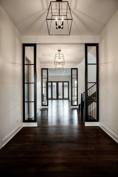 Dark Flooring Interior Design, Tile Floor In Bedroom Ideas, Kitchens With Dark Hardwood Floors, White Bedroom Dark Floors, Transitional Hardwood Floors, Dark Floor House Interior, Dark Floor Stain, House With Dark Floors, Dark Floor House