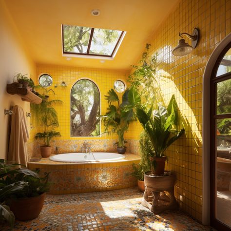 Earthy 70s Home, Earthy Mexican Home, Metaterrainian House, Odd House Decor, New Mexico Aesthetic Home, Desert Sunroom, Whimsical Bathroom Ideas, Warm Tone Bathroom, Artsy Home Decor