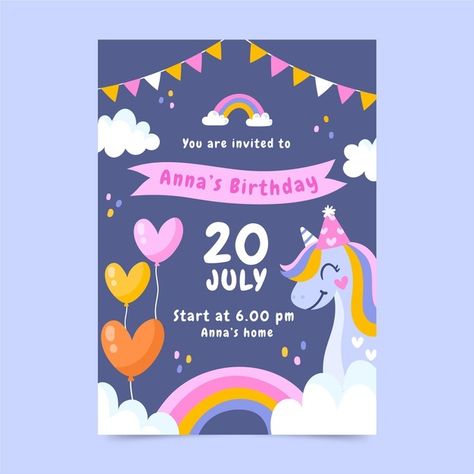 Hand drawn unicorn birthday invitation t... | Free Vector #Freepik #freevector #birthday #invitation #kids #hand-drawn Kids Invitations Birthday, Kids Birthday Invitation Template, Kids Birthday Invitation Card, Kids Party Invitations, Digital Invitations Birthday, Kids Unicorn Party, Birthday Party Invitations Free, Unicorn Invitation, Invitation Card Party