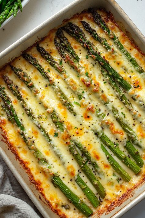 Cheesy Baked Asparagus With Bacon, Asparagus With Goat Cheese, Asparagus Au Gratin Recipes, Recipes Using Frozen Asparagus, Tasty Asparagus Recipes, Holiday Asparagus Recipes, Steakhouse Vegetable Sides, Baked Cheesy Asparagus, Cheese Asparagus Recipes