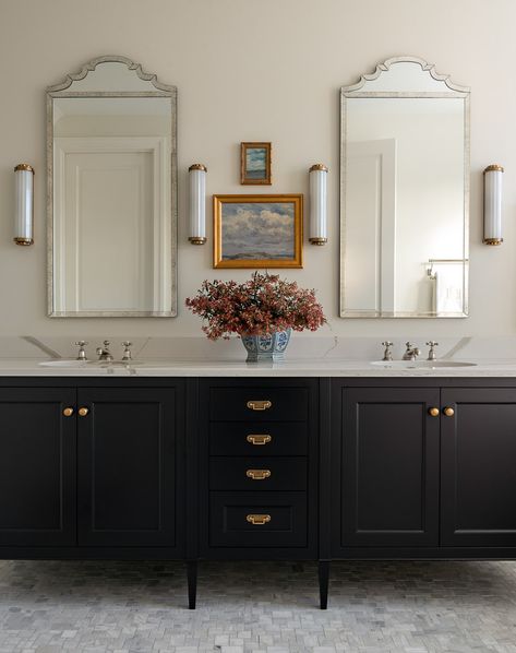 WOODLAND – Kipling House Interiors Dark Vanity, Ornate Mirrors, Bath Lights, Black Vanity Bathroom, Double Sinks, Classic Bathroom, Upstairs Bathrooms, House Interiors, Elegant Bathroom