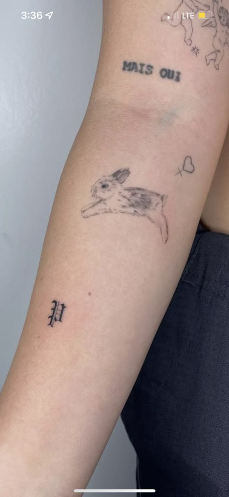 Maddi Bragg Tattoo, Doodle Tattoo Placement, Soft Bunny Tattoo, Couqutte Tattoo, Jumping Bunny Tattoo, Fine Line Rabbit Tattoo, Fine Line Bunny Tattoo, Locker Tattoo, Bunnies Tattoo