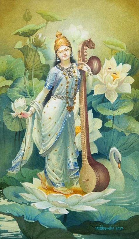 Sarasvati Ma, Saraswati Wallpaper, Maa Love, Saraswati Mata, Saraswati Devi, Durga Painting, Kerala Mural Painting, Pichwai Paintings, Hinduism Art