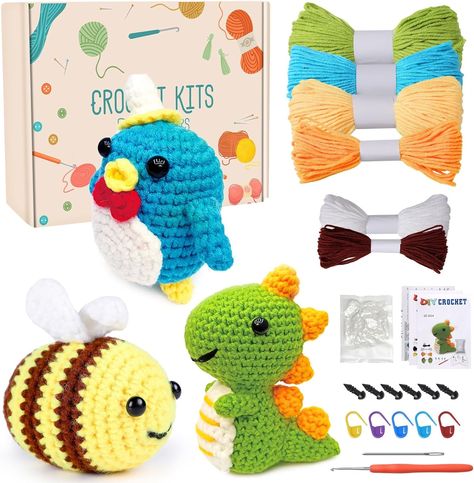 Souarts Complete Crochet Set for Beginners Animals, Crochet Knitting for Beginners Set with Crochet Hooks Yarn, Creative Knitting Set Craft Set for Adults Children Gift (Yellow, Green, Blue) Amigurumi Gift, Crochet Kits, Animals Crochet, Creative Knitting, Beginners Crochet, Crochet Bee, Yarn Thread, Crochet Set, Yarn Diy