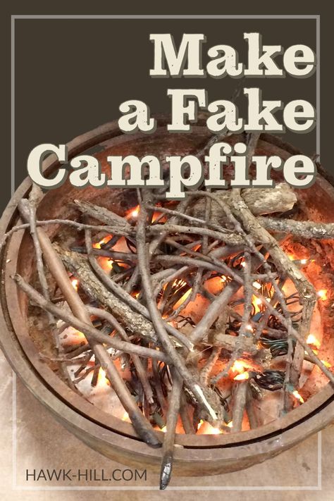 Faux Campfire Diy, Campfire Centerpiece Ideas, Fake Campfire Diy, Nugget Bedroom, Faux Campfire, Campfire Diy, Fake Campfire, Indoor Camping Party, Camping Party Decorations