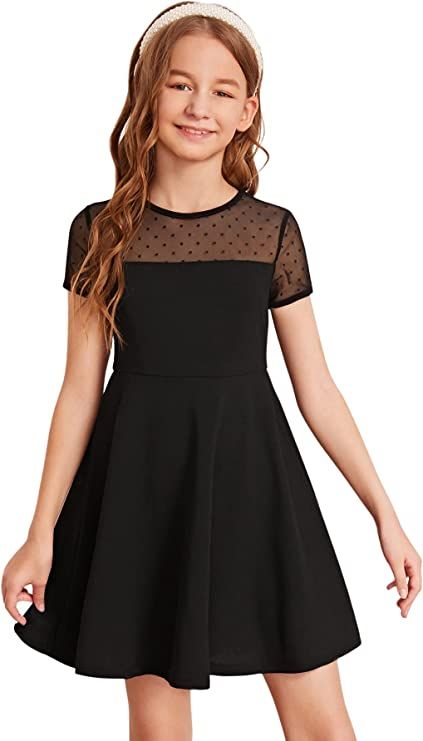 Amazon.com: SOLY HUX Girl's Contrast Mesh Short Sleeve High Waist Flared A Line Short Dress Black 6Y: Clothing, Shoes & Jewelry Girls Black Dress, 파티 드레스, Solid Dress, Girls Fashion, Dot Dress, Belted Dress, Fit And Flare Dress, Kids Dress, Flare Dress