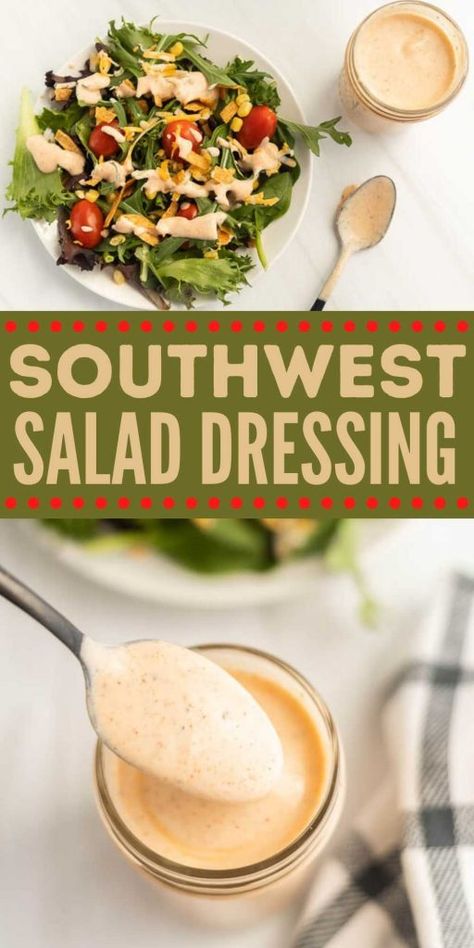 Southwest Salad Dressing Recipe - Eating on a Dime Southwest Salad Dressing Recipe, Southwest Salad Dressing, Mexican Salad Dressings, Southwest Salad Recipe, Southwest Dressing, Taco Salad Dressing, Healthy Dressing Recipes, Southwest Salad, Healthy Dressing