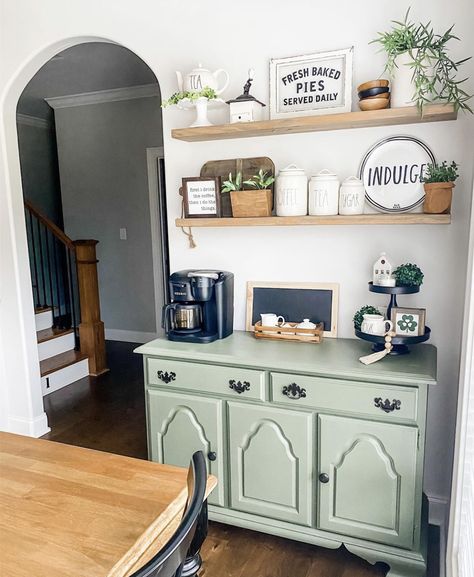 Wooden Coffee Corner, Corner Shelves For Coffee Bar, Wood Floating Shelves Kitchen, Coffee Corner Shelves Tea Station, Vintage Kitchen Corner Shelf, Metal Kitchen Shelves, Decorating Above Kitchen Cabinets Ideas, Bar Design Home, Floating Kitchen Shelves