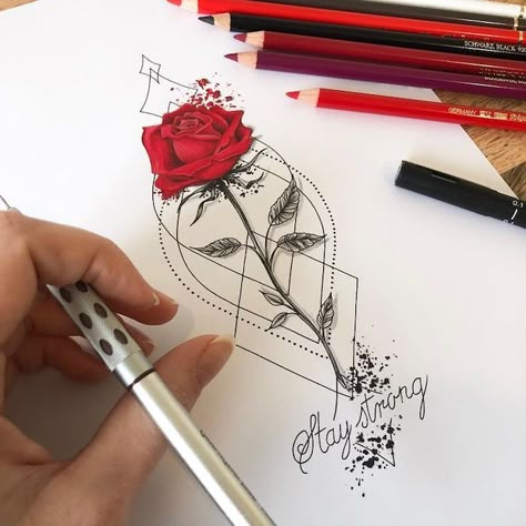 red-rose-stay-strong-drawing-colored-pencils-simple-flower-drawing-white-background Snap Thoughts, Drawing Thoughts, Shots Snap, Strong Tattoos, Tattoo Diy, Easy Flower Drawings, Tattoo Zeichnungen, Inspiration Tattoos, Cat Tattoos