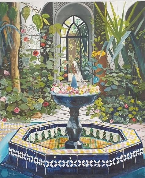 Syrian Fountain, Syrian Painting, Islamic Fountain, Damascus Painting, Medieval Courtyard, Traditional Fountain, Islamic Spain, Crochet Chocolate, Courtyard Home