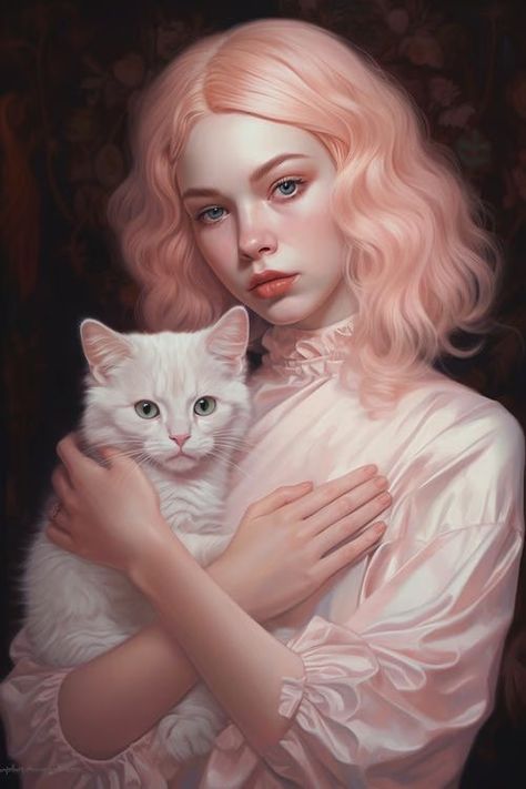 Woman Holding Heart, Woman Holding Cat, Humans And Animals, Female Artwork, Bow Wallpaper, Pure Happiness, Female Art Painting, Nft Collection, Goth Art