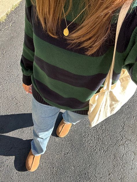 Brandy Sweater Outfit, Navy Sweater Outfit, Brandy Jeans, White Striped Shirt Outfit, Green Sweater Outfit, Blue Sweater Outfit, Ugg Fashion, Striped Sweater Outfit, Outfits With Striped Shirts