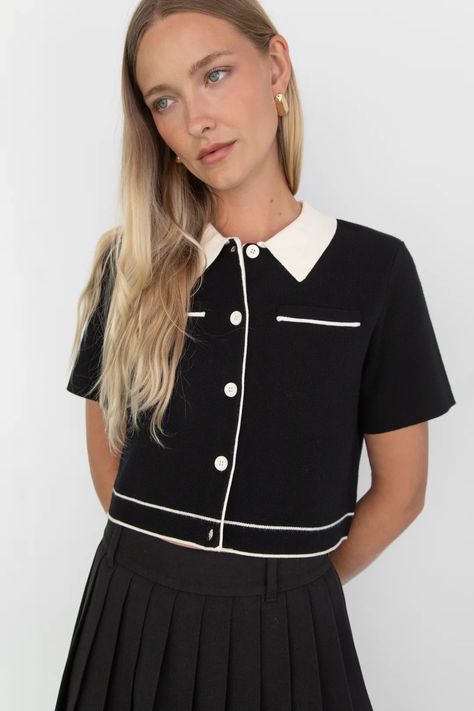 Cropped Knit Contrast Trim Top | OAK + FORT – OAK + FORT USA Buttons Outfit, Cropped Button Up Sweater, Knit Blouse, Oak And Fort, Teal And Grey, Trim Top, Black Velvet Dress, Contrast Collar, Collar Top