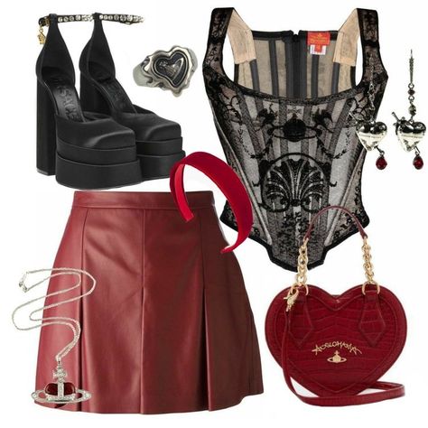 Cherry Red Outfit, Goth Jewellery, Leather Skirt Black, Red Leather Skirt, Vintage Corset, Goth Girl, Swaggy Outfits, Mode Inspo, Looks Chic