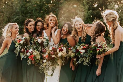 Natural Fall Wedding at The Barn at New Leaf | Lawrenceville, IL Bridesmaid Colours, Green Fall Weddings, Bridal Era, Dark Green Wedding, Dark Green Bridesmaid Dress, Smith Wedding, Photo Posing, Fall Bridesmaids, Fall Bridesmaid Dresses