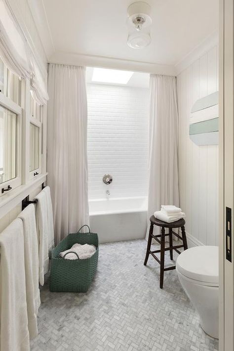 Crown Molding Bathroom, Hidden Shower, White Wood Paneling, Floor To Ceiling Curtains, Herringbone Tile Floors, Beautiful Tile Floor, Clever Closet, Cottage Bathroom, Floor Tile Design