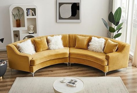 Amazon.com: Gold Velvet Curved Sofa : Home & Kitchen Small Curved Sofa, Curved Couch, Tufted Couch, Gold Sofa, Curved Sectional, Sofa Velvet, Upholstered Couch, Tufted Sofa, Modular Sectional Sofa