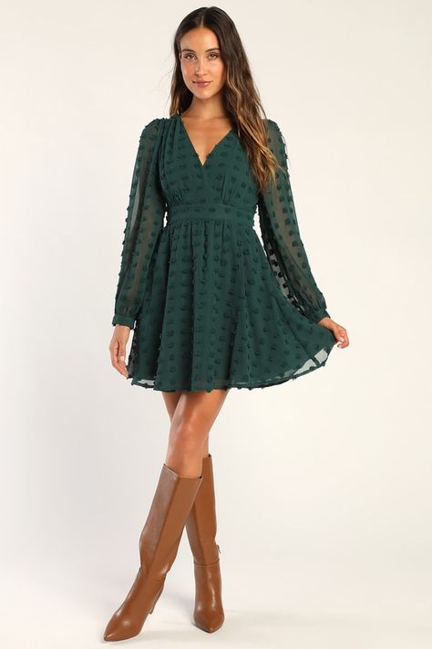 We're not going to lieâ€”the Lulus Always on Repeat Emerald Green Clip Dot Long Sleeve Mini Dress is a 'fit we'd wear again and again! Lightweight woven chiffon, with a clip dot texture throughout, shapes this stylish dress that has long balloon sleeves with button cuffs and gathering at the shoulders. Surplice bodice sits above a banded waist, falling to a cute A-line mini skirt. Hidden zipper/clasp at back. Fit: This garment fits true to size. Length: Mid-thigh. Size medium measures 34.5" from Emerald Green Mini Dress, Plus Size Skater Dress, Green Formal Dresses, Emerald Green Dresses, Dot Texture, Lulu Fashion, A Line Mini Skirt, Green Mini Dress, Grad Dresses