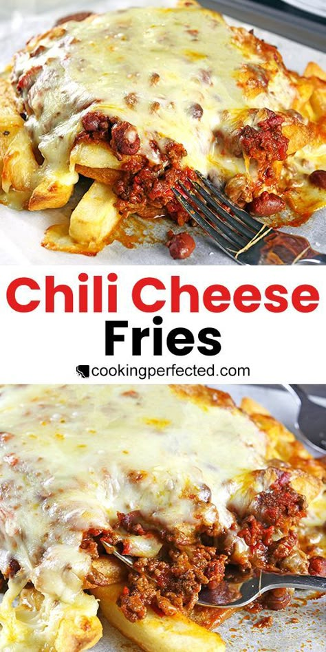 Fries Nachos, Chili Cheese Fries Recipe, Chilli Cheese Fries, Cheese Fries Recipe, Nachos Recipe Beef, Perfect French Fries, Chili Fries, Chili Cheese Fries, French Fries Recipe