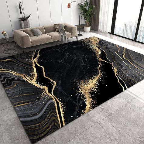 TEMLAN Luxury Black Gold Marble Area Rug Abstract Night Sky Grey Line Art Machine Washable Carpet for Living Room Bedroom Dining Room Farmhouse Laundry Room Bathroom 180 x 240 cm Living Room Rug Modern, Marble Rug, Black And Gold Marble, Carpet Decor, Home Office Bedroom, Pattern Rug, Stylish Rugs, Gold Rug, Rug Modern