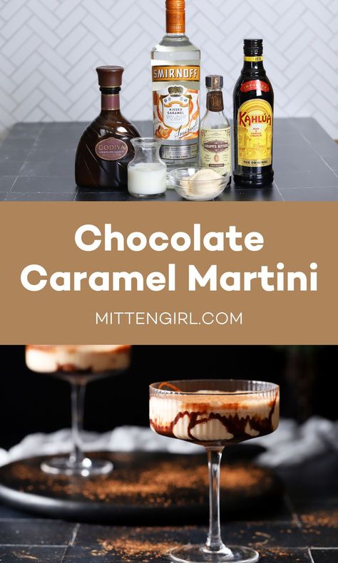 Chocolate martinis are a cocktail twist on a chocolate milkshake. In this chocolate caramel martini, caramel vodka, Godiva liqueur, and vanilla ice cream combine for a decadent and creamy dessert drink. Chocolate Martini Recipe Vodka, Godiva Martini, Chocolate Martinis, White Chocolate Martini, Salted Caramel Vodka, Caramel Martini, Chocolate Martini Recipe, Martini Recipes Vodka, Caramel Vodka