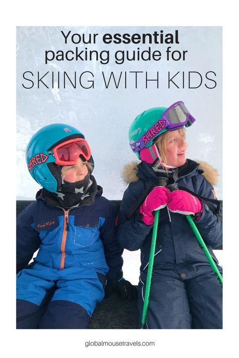 Your essential packing guide for skiing with kids - all the best gear to ensure all members of the family have the best ski trip. We have everything you need from goggles and gloves to boots, base layers and clothes for down time. This is the perfect packing list to make sure you don't forget anything in order to have a happy ski trip with children whether it's your first trip or you have been before. Skiing With Kids, Packing For Ski Trip, Ski Vacation Outfits, Kids Ski Gear, Packing List Kids, Skiing Tips, Kids Skiing, Ski Trip Packing List, Family Skiing