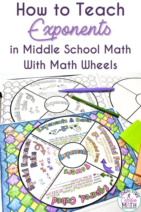 Teaching exponents in middle school math..."which one's the exponent and which one's the base?" "Do I multiply the exponent and the base?" (NO, please don't!) Middle schoolers have lots of questions when it comes to exponents. Help your 6th and 7th (and maybe 8th?) graders master exponents with the exponent math wheel, as explained in this blog post. Head to the post for all the tips! Law Of Exponents, Teaching Exponents, Math Wheel, Math Doodles, Math For Middle School, Free Math Resources, Sixth Grade Math, Middle School Math Classroom, Upper Elementary Math