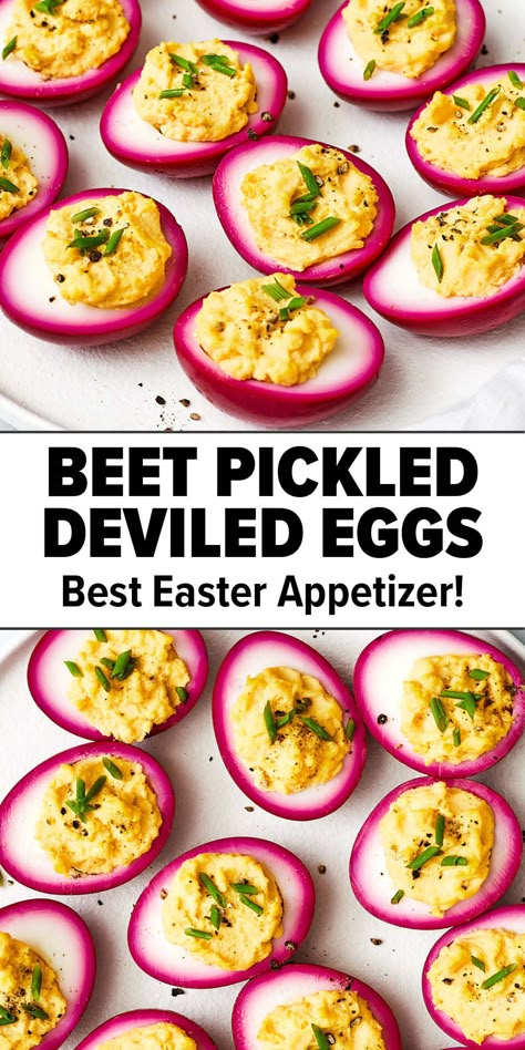 Beet pickled deviled eggs for Easter Pickled Deviled Eggs Recipe, Pickled Deviled Eggs, Easter Deviled Eggs, Making Hard Boiled Eggs, Easter Appetizers, Pickled Eggs, Healthy Holiday Recipes, Pickled Beets, Holiday Favorite Recipes