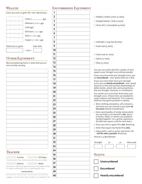 Inventory Tracking Sheet (with Simplified Encumbrance) - Dungeon Masters Guild | Dungeon Masters Guild Dnd Inventory Sheet, Dnd Guide, Dnd Tips, Rpg Character Sheet, Character Journal, Dnd Diy, Adventurer's Guild, Dnd Character Sheet, Inventory Tracking