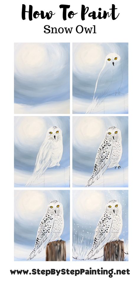 Owl Painting Acrylic, Winter Art Lesson, Christmas Easy, Painting Background, Beautiful Snow, Snow Owl, Easy Canvas, Canvas Painting Tutorials, Learn How To Paint