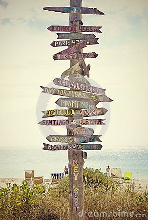 A direction sign post in key west florida showing the milage to far away cities Vintage Beach Signs, Beach Signs Wooden, Beach Wall Murals, West Art, Directional Signs, Room Walls, Key West Florida, Sign Post, Beach Signs