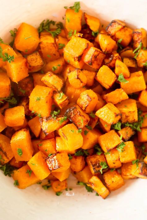 Air Fryer Butternut Squash | Greens & Chocolate Roasted Butternut Squash And Green Beans, Roasted Butternut Squash Air Fryer, Crispy Squash, Air Fryer Butternut Squash, Grilled Teriyaki Salmon, Butternut Squash Cooking, Candied Pecans For Salad, Healthy Butternut Squash, Cranberry Chicken Salad