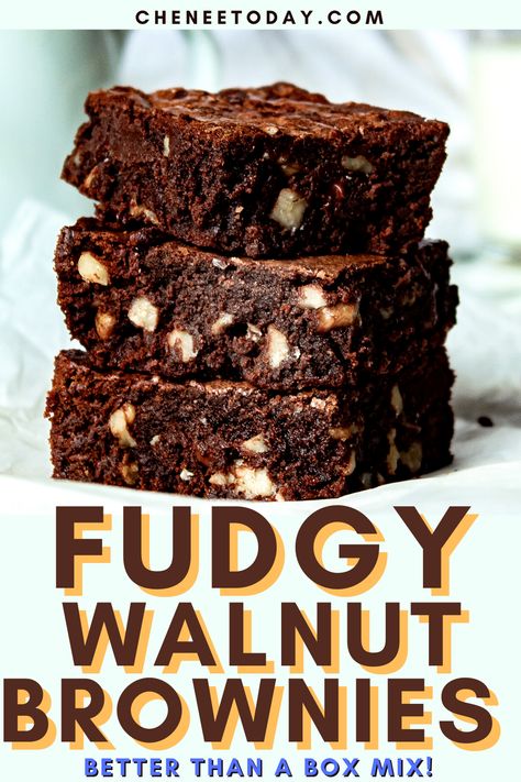 The BEST chewy, gooey, fudgy double chocolate fudge walnut brownies recipe! They're so easy to make homemade from scratch but so much BETTER than a box mix! #brownierecipe #easybrownies #walnutbrownie #walnutbrownies Best Walnut Brownie Recipe, Chocolate Brownies With Nuts Recipe, Nut Brownies Recipe, Homemade Walnut Brownies, Brownies With Walnuts Recipe Homemade, Brownie Walnut Recipes, Walnut Fudge Brownies, Walnut Brownie Recipes, Brownie Recipes With Nuts Baking