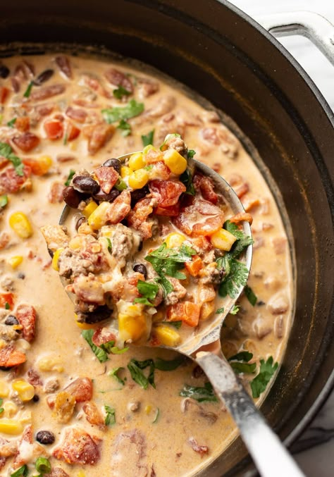 It's really simple to make the best taco soup recipe ever with pantry ingredients! It's got corn, black beans, Rotel tomatoes, and a tasty creamy broth. Creamy Taco Soup Recipe, Best Taco Soup, Creamy Taco Soup, Easy Hamburger Soup, Taco Soup Recipe Easy, Salt Lavender, Chicken Tacos Easy, Spicy Tacos, Soup With Ground Beef