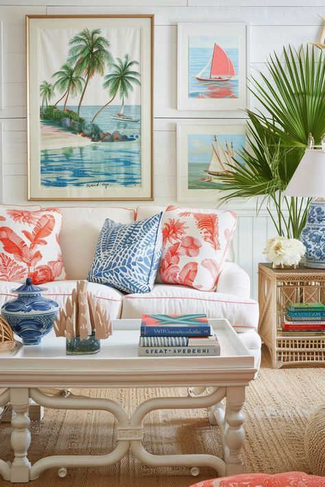 47 Coastal Living Room Coastal Living Room Ideas, Coastal Cottage Living Room, Coastal Living Room Furniture, Beachy Home, Living Room Turquoise, Florida Decor, Beach Theme Living Room, Nautical Prints, Seaside Living