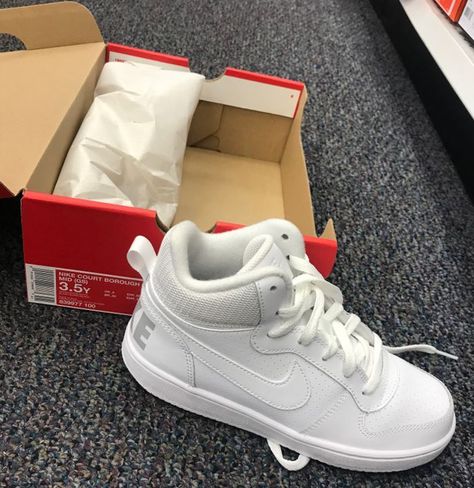 Nike Court Borough Mid (GS) all white high top kids tennis shoe. Nike Court Borough Mid Outfit, Egirl Icons, Hightop Nike, Air Force High, Kids Tennis Shoes, Nike Court Borough, Kids Tennis, Top Kids, White High Tops