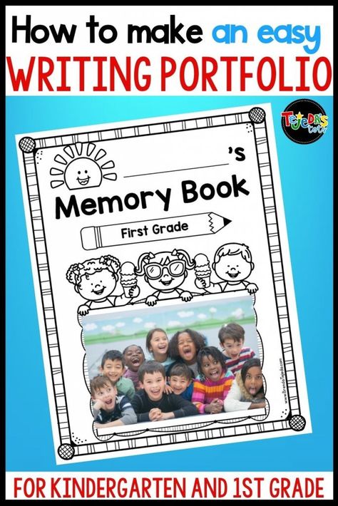 You don't have to wait for the end of the year to make a memory book! Make a yearlong scrapbook that doubles as a writing portfolio for kindergarten and first grade! It's so great to see how your students' writing progresses throughout the year and doing this little by little avoids trying to cram it all in at the end (which results in rushed and poor quality writing!). Read this post for some tips to make it easy and save you time. Make A Memory Book, Kindergarten Portfolio, Writing Portfolio, Scrapbook Cover, Student Drawing, Grade Book, Meet The Teacher, Classroom Library, New Students