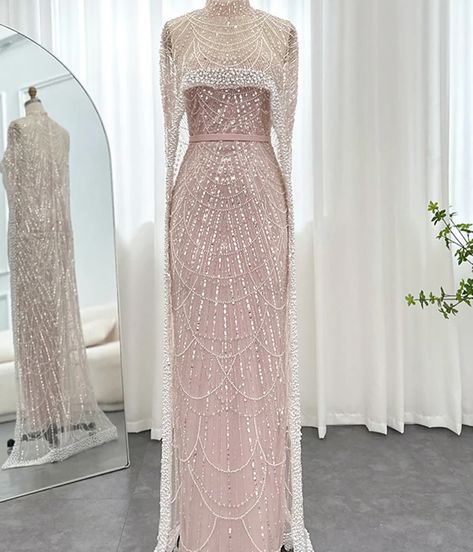 Izsbeli Couture ss369 Dresses With Pearls, Champagne Evening Dress, Gaun Fashion, Embellished Maxi Dress, Arab Women, فستان سهرة, Dress Dusty, Mermaid Evening Dresses, Cape Dress