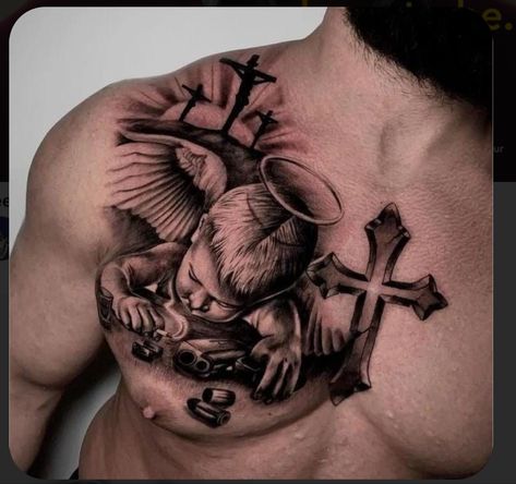 Collar Bone Tattoo For Men, Full Chest Tattoos, Back Of Arm Tattoo, Simple Tattoos For Guys, Gangsta Tattoos, Chicano Style Tattoo, Scary Tattoos, Religious Tattoo, Cool Chest Tattoos