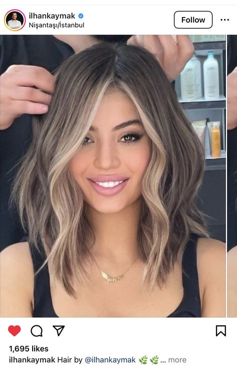 Brown And Blonde Long Bob, Short Hair Ideas Shoulder Length, Highlights Around Face Blonde, Medium Length Blonde Hair With Dimension, Blonde Ends On Brown Hair Short, Cover Greys With Highlights, Brown Hair With Blonde Front Pieces Short Hair, Blonde Pieces Around Face, Mini Baylage Hair