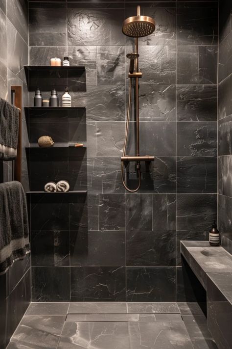 This pin features elegant black tile shower inspirations, showcasing unique designs to enhance your bathroom space and create a stylish home retreat. Bathroom Upgrade Ideas, Dark Tile Bathroom Ideas, Shower With Dark Grout, Tiles Combination For Bathroom, Bathroom Ideas Shower Walk In, Master Bathrooms Remodel Ideas, Black Honeycomb Tile Bathroom, Black Marble Shower Walls, Unique Shower Tile Ideas