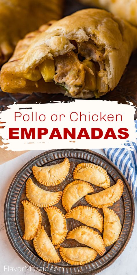 2-photo pin for chicken empanadas. The top photo shows a close-up of the filling inside the empanada pastry and the bottom photo shows an overhead view of a platter of chicken empanadas. In the middle is the title in red text on a white background that states Pollo or Chicken Empanadas. Argentina Chicken Empanadas, Best Chicken Empanadas Recipe, Mexican Chicken Empanadas Recipe, Shredded Chicken Empanadas Recipe, Jerk Chicken Empanadas Recipe, Chicken Empanadas Filling, Empanada Chicken, Empanadas Recipe Chicken, Chicken Empanadas Recipe Easy