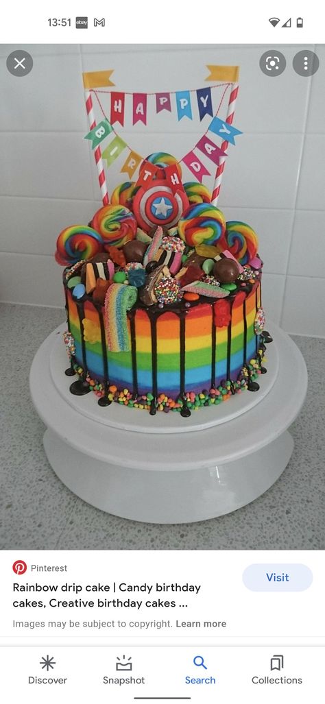 Cake With Candy On Top, Candy Drip Cake, Rainbow Candy Cake, Rainbow Drip Cake, Gökkuşaği Pasta, Puppy Birthday Cakes, Candy Birthday Cakes, Rainbow Birthday Cake, Dog Birthday Cake