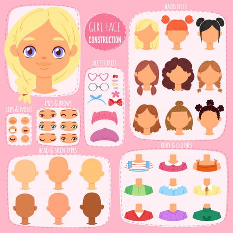 Girl face constructor kids character ava... | Premium Vector #Freepik #vector #kids Paper Doll Face, Eyes Illustration, Paper Face, Eye Illustration, Bright Background, Paint Background, Kid Character, Vector Illustration Design, Geometric Background