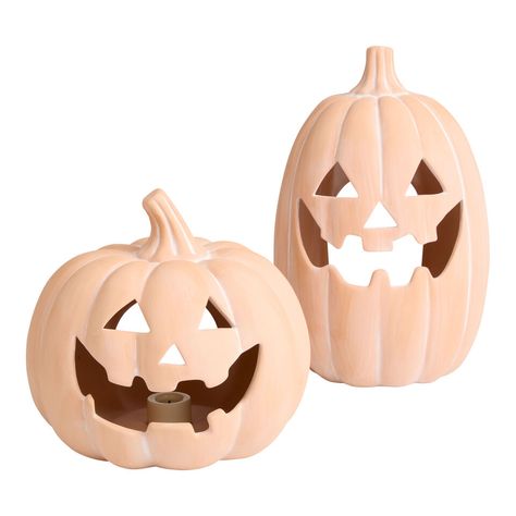 Terracotta Jack O’ Lantern LED Candle Holder - World Market Pottery Barn Pumpkin, Checkered Pumpkins, Pumpkin Floral Arrangements, Ghost Candles, Witch Candles, Wood Pumpkins, Pumpkin Candles, Led Candle, Fall Halloween Decor